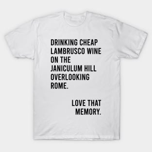 Drinking Cheap Lambrusco Wine on the Janiculum Hill Overlooking Rome Love That Memory Meme T-Shirt